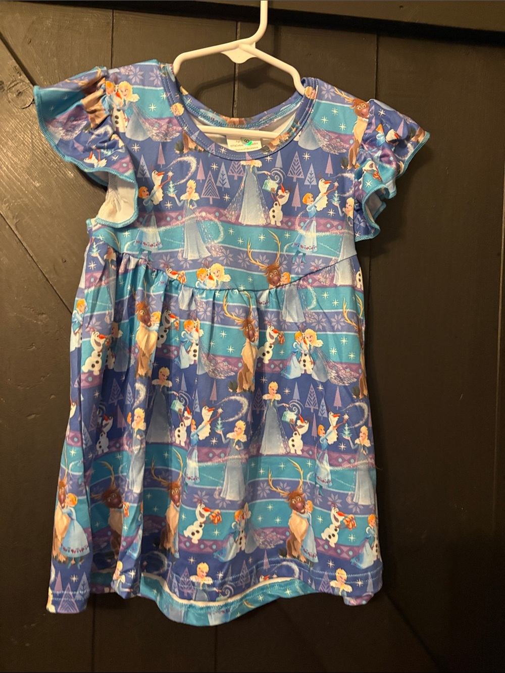 Girls' Blue Character-Print Flutter Sleeve Casual Dress